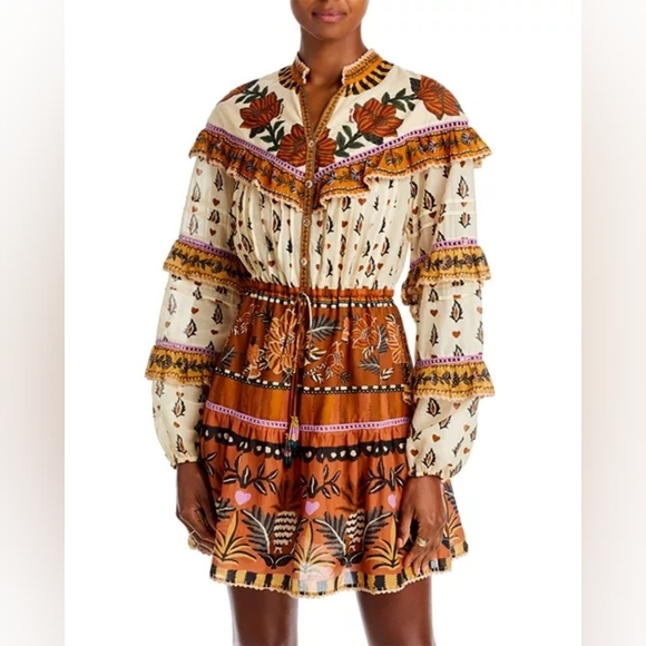 FARM Rio Dresses & Skirts - FARM Rio AINIKA Floral Beige Ruffled Long Sleeve MINI  Dress